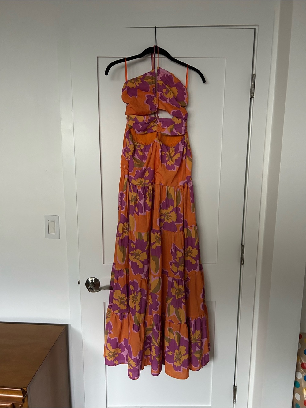 Bold Orange Floral Maxi Dress with Pink & Yellow Blooms